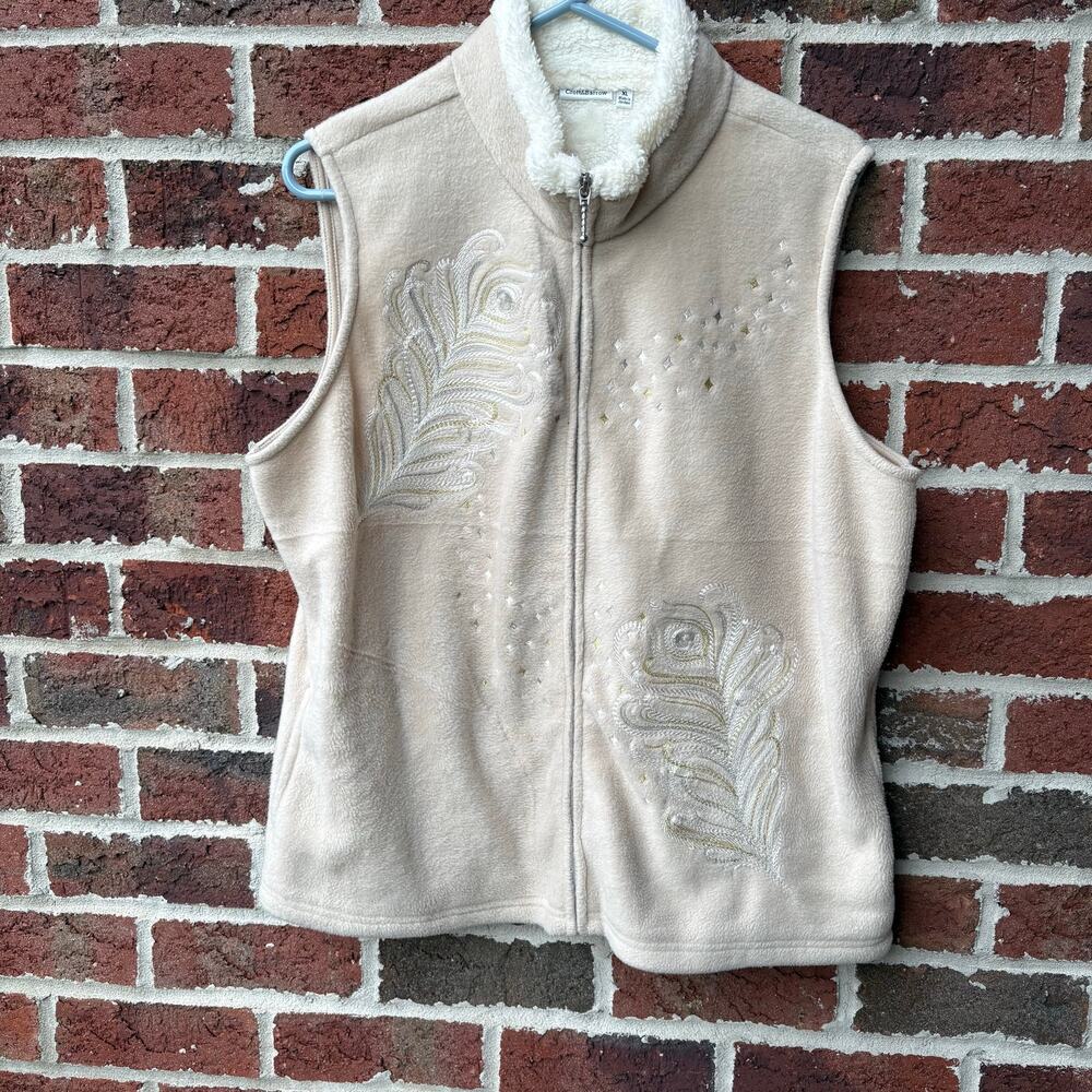Crott & Barrow Peacock Feather Embroidered Fleece Sherpa Zip Vest Size XL